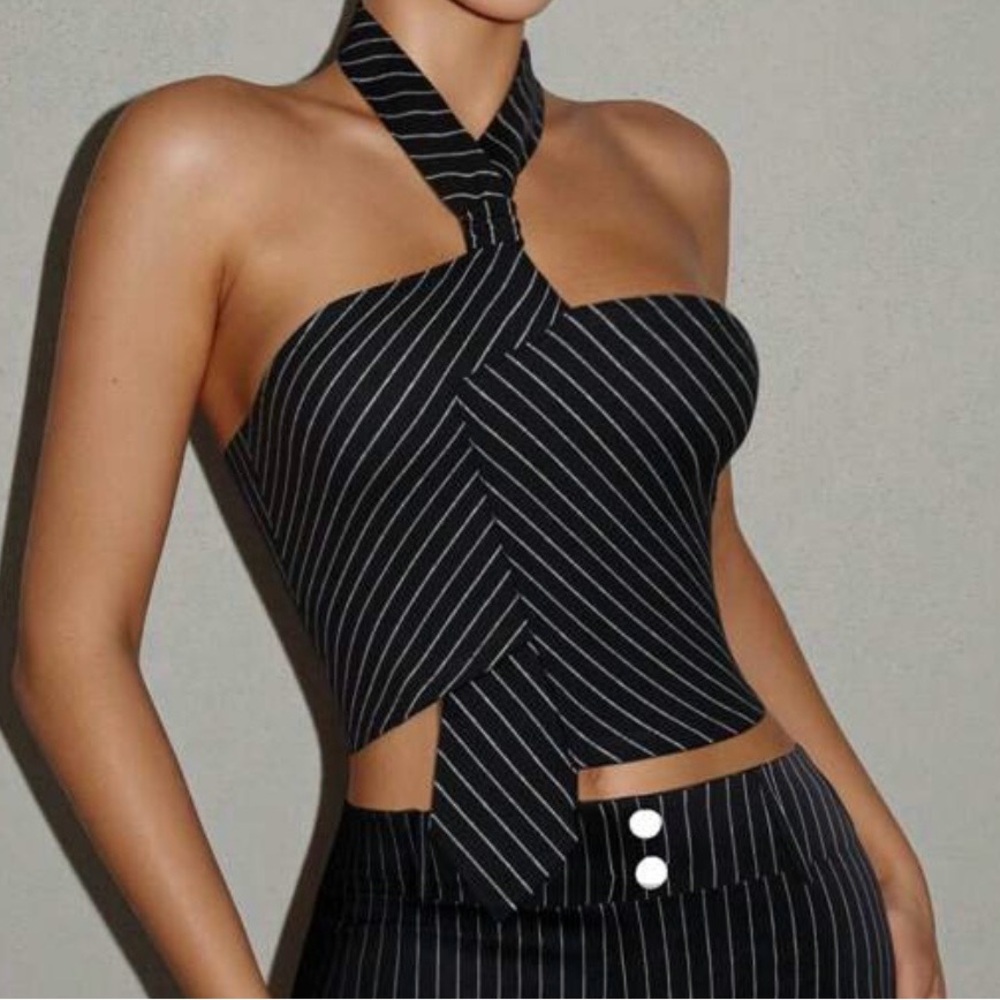 Striped Black and White Halter Top - Picture 3 of 3